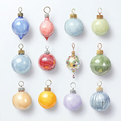 Watercolor Illustration of various red Christmas ornament balls on white background, AI generated