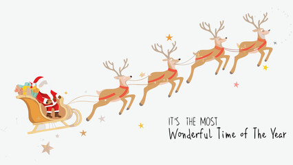 Santa claus flying in his sleigh pulled by reindeer with gifts and the text its the most wonderful time of the year