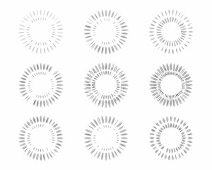 Collection of nine hand drawn radial burst elements and sunburst designs