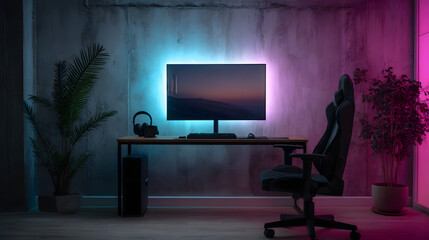 A sleek modern office workspace lit by vibrant neon lights, featuring a high-tech computer setup and an ergonomic chair in a futuristic ambiance.