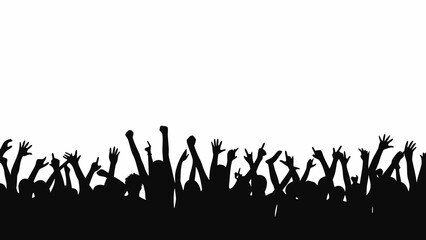 Silhouette of a cheering crowd with hands raised against a white background