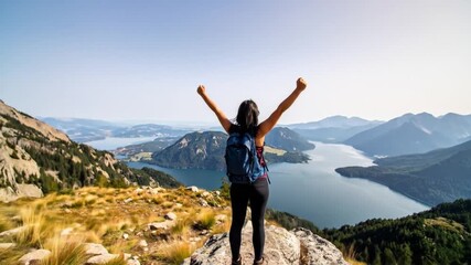 Woman Hiker with Arms Raised on Mountain Summit over a Beautiful Lake Landscape