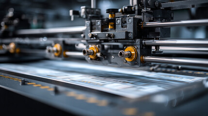 Fototapeta premium Close up view of industrial printing machinery with metal rollers and precise mechanisms