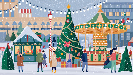 Festive christmas market scene with carousel and decorated tree in falling snow © Indira