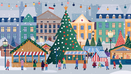 Charming winter village christmas market scene with snowing weather