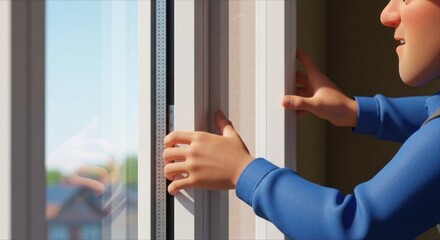 Animated man adjusts a white window frame, bright sunlight and houses visible outside