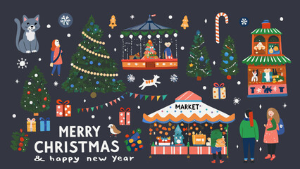 Obraz premium Whimsical christmas market scene with festive decorations and characters