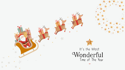 Santa claus and reindeer flying with gifts and christmas decorations