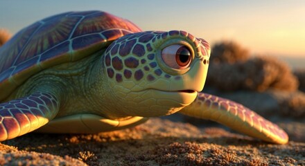 Animated sea turtle close-up on sandy shore with sunset light