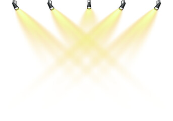Bright Yellow Spotlights Scene with Glowing Lamps, Theatrical Projection Rays and Sparkling Stage Light Effects