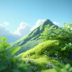 Jungle scene with platform, lush greenery and sunlight