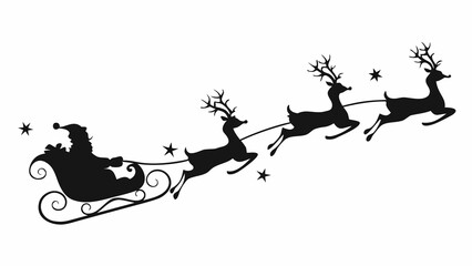 Santa claus silhouette in sleigh pulled by reindeer with stars