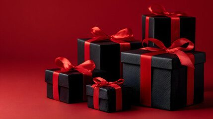 Fototapeta premium Assortment of sleek black gift boxes tied with red ribbons arranged on a vibrant red background, evoking a festive celebration mood.