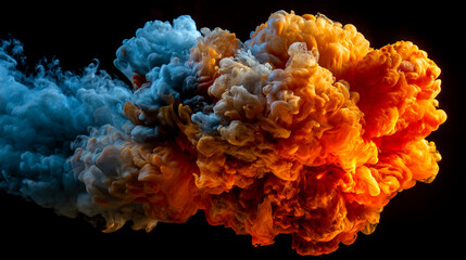 Abstract cloud formation with vibrant blue and orange hues against a black backdrop