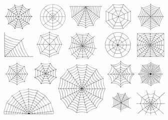 Collection of diverse hand drawn spider web designs on white background