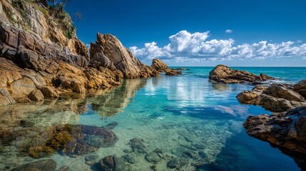 Obraz premium Discover stunning turquoise waters lapping against rugged rocks under a bright blue sky for your next travel brochure or summer campaign