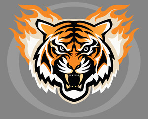 Fierce tiger head with flames and aggressive expression