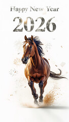 2026年のハッピーニューイヤーを走る馬で象徴した白背景のミニマル和風モダン年賀ビジュアル. 生成AI