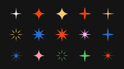 Collection of colorful starburst and sparkle icons on a black background