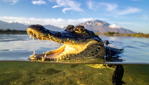 Alligator emerges from water, teeth bared, with mountain backdrop, split-level perspective - Powered by Adobe