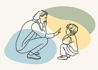 Adult talking to a child with colorful abstract shapes in the background