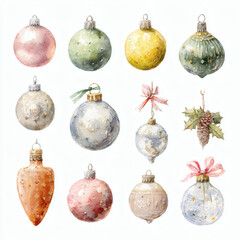Watercolor Illustration of various red Christmas ornament balls on white background, AI generated