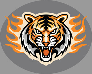 Fierce tiger head with flames emblem