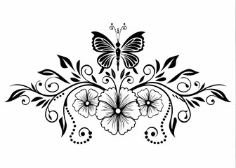 Elegant black butterfly and floral swirl design on white background