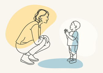 Mother and child interacting and playing together with colorful shapes