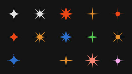 Collection of colorful starbursts and sparkles on a dark background