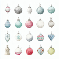 Watercolor Illustration of various red Christmas ornament balls on white background, AI generated