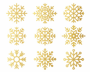 Collection of nine golden snowflake icons on a white background