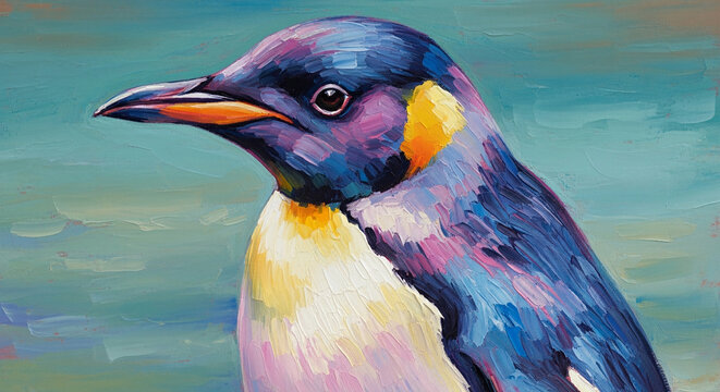 Regal Penguin Portrait: The majestic penguin, captured in vibrant, impressionistic strokes, exudes an air of calm confidence. - Powered by Adobe