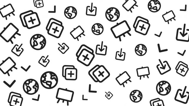 Seamless digital pattern of black technology and communication icons on white background, graphic design, flat style, top view, concept of connectivity