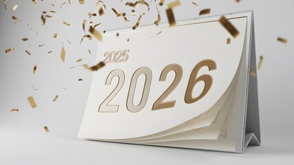 Flip calendar showing year 2025 and next year 2026 with falling confetti