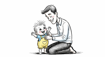 Illustration of a loving father helping his baby take first steps with tender encouragement and care