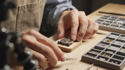 Skilled watchmaker meticulously assembling intricate timepiece components on a wooden workbench, showcasing craftsmanship and attention to detail in a focused environment