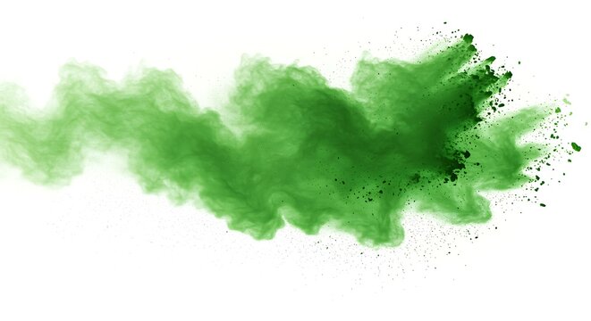 Green powder explosion captured mid-air against a white background dust cloud
