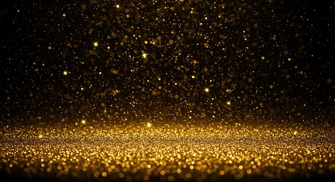 Golden glitter particles falling and accumulating on a reflective surface against a black background - Powered by Adobe