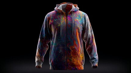 Vibrant psychedelic hoodie design for modern streetwear fashion brand collection with unique colorful swirl pattern and eye catching style