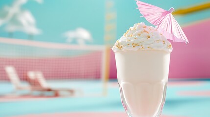 A milkshake topped with whipped cream and tiny paper umbrella set by the beach volleyball court