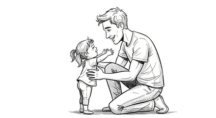 Heartwarming sketch of a father kneeling to embrace his toddler, showcasing pure love and