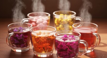 Clear glass mugs filled with steaming floral teas sit on a wooden surface, soft light