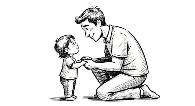 Ink illustration showcasing the tender connection between a father and child through heartwarming