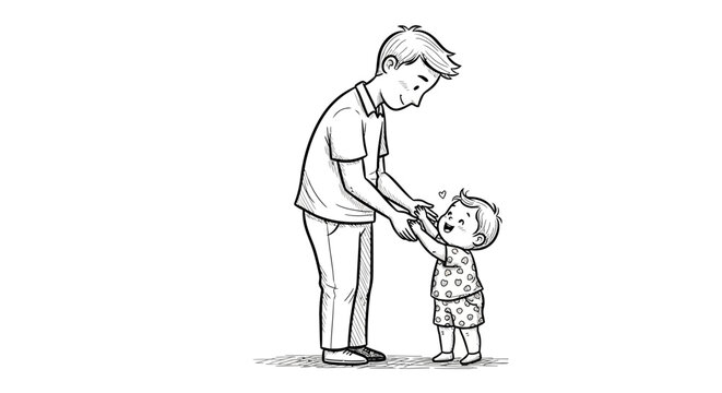 A father lovingly guides his young child in this heartwarming monochrome illustration