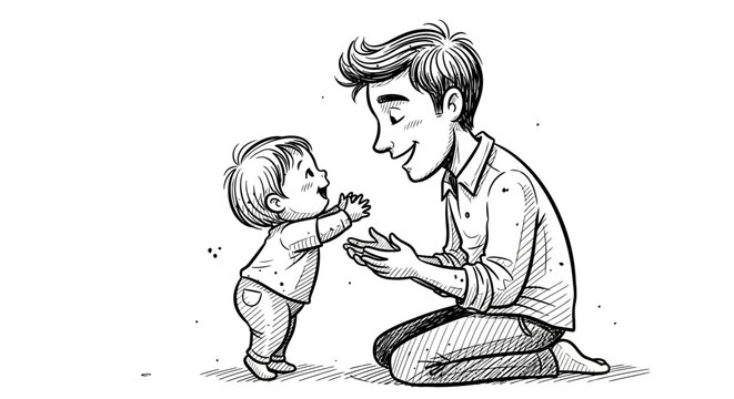 Whimsical father and child bonding through first steps artful pen sketch capture of familial love
