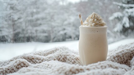 A milkshake topped with whipped cream on soft blanket in a snowy cabin