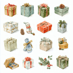 Watercolor Illustration of various red Christmas gift box on white background, AI generated