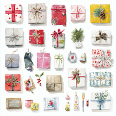 Watercolor Illustration of various red Christmas gift box on white background, AI generated
