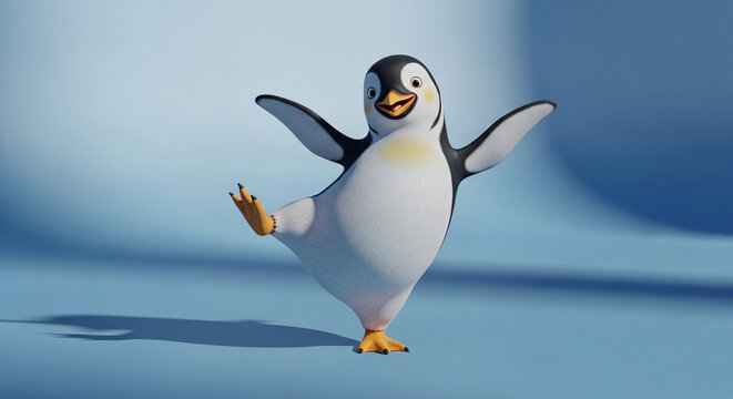 Penguin's Playful Pose: A cheerful penguin strikes a pose, exuding an air of joy, set against a cool, soft-toned background. 